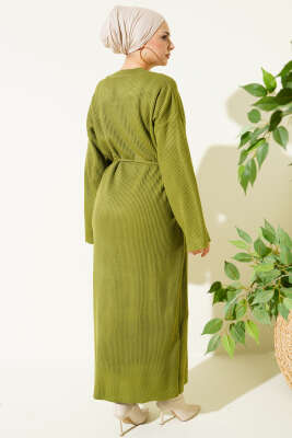 Bel Bağcıklı Bisiklet Yaka Triko Elbise Yağ Yeşili - Elbise