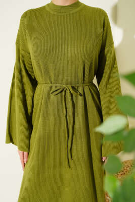 Bel Bağcıklı Bisiklet Yaka Triko Elbise Yağ Yeşili - Elbise