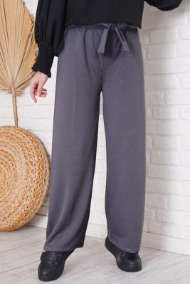 Bel Bağcıklı Bol Paça Füme Pantolon 