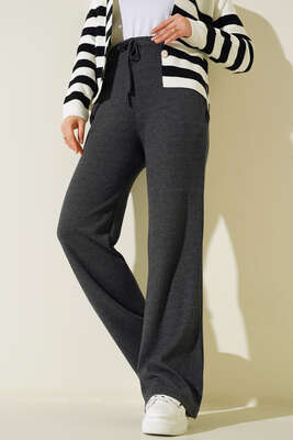 Bel Bağcıklı Bol Paça Pantolon Antrasit 