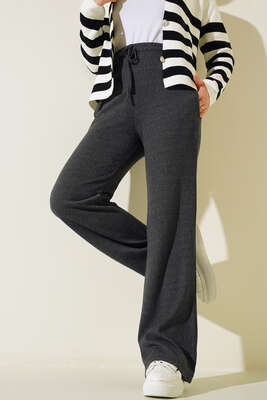 Bel Bağcıklı Bol Paça Pantolon Antrasit - Pantolon