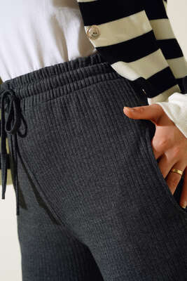 Bel Bağcıklı Bol Paça Pantolon Antrasit - Pantolon