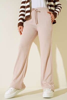 Bel Bağcıklı Bol Paça Pantolon Bej - Kumaş Pantolon