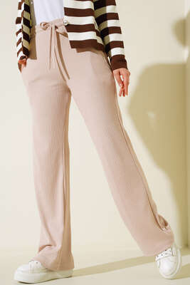 Bel Bağcıklı Bol Paça Pantolon Bej - Kumaş Pantolon