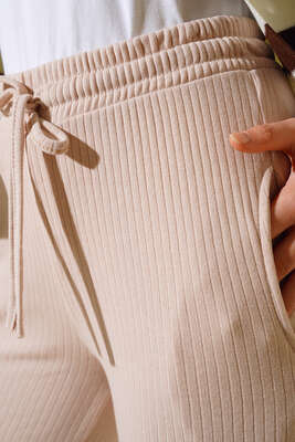 Bel Bağcıklı Bol Paça Pantolon Bej - Kumaş Pantolon