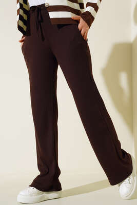 Bel Bağcıklı Bol Paça Pantolon Kahve - Pantolon