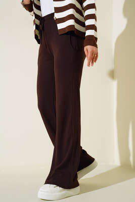 Bel Bağcıklı Bol Paça Pantolon Kahve - Pantolon