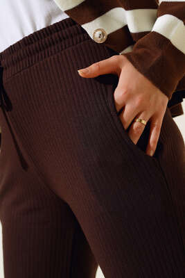 Bel Bağcıklı Bol Paça Pantolon Kahve - Pantolon