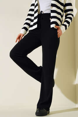 Bel Bağcıklı Bol Paça Pantolon Siyah 