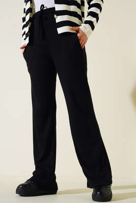 Bel Bağcıklı Bol Paça Pantolon Siyah - Pantolon