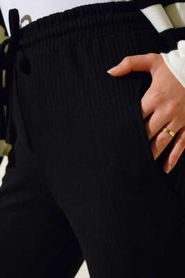 Bel Bağcıklı Bol Paça Pantolon Siyah - Pantolon