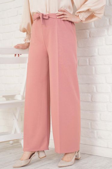 Bel Bağcıklı Bol Paça Pudra Pantolon - Kot Pantolon