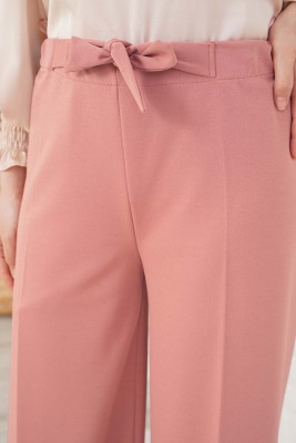 Bel Bağcıklı Bol Paça Pudra Pantolon - Kot Pantolon