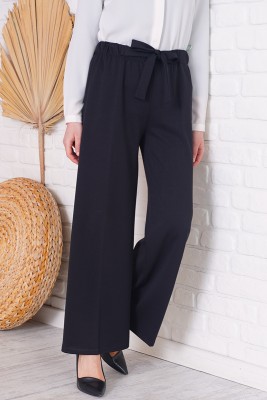 Bel Bağcıklı Bol Paça Siyah Pantolon - Pantolon