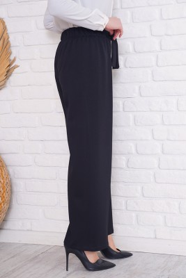 Bel Bağcıklı Bol Paça Siyah Pantolon - Pantolon