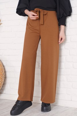 Bel Bağcıklı Bol Paça Taba Pantolon 