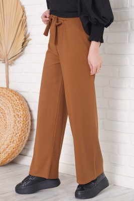 Bel Bağcıklı Bol Paça Taba Pantolon - Pantolon