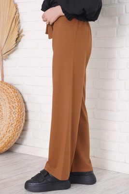 Bel Bağcıklı Bol Paça Taba Pantolon - Pantolon