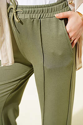 Bel Bağcıklı Çımalı Pantolon Haki - Pantolon