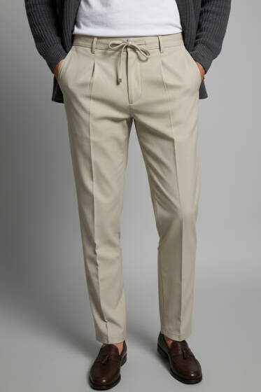Bel Bağcıklı Dar Paça Erkek Pantolon Bej - Erkek Pantolon
