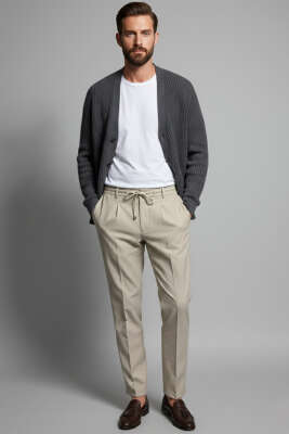 Bel Bağcıklı Dar Paça Erkek Pantolon Bej - Erkek Pantolon