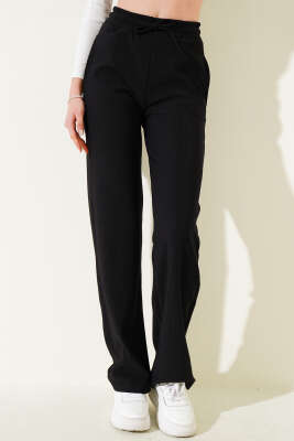 Bel Bağcıklı Kaşkorse Palazzo Pantolon Siyah - Kadın Giyim Modelleri