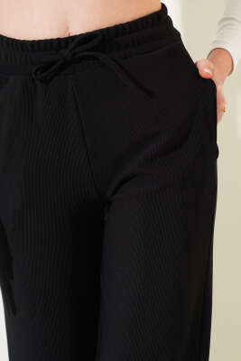 Bel Bağcıklı Kaşkorse Palazzo Pantolon Siyah - Kadın Giyim Modelleri