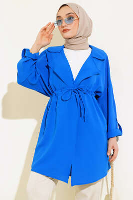 Bel Bağcıklı Kruvaze Yaka Kap Saks - Dış Giyim&Mont