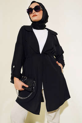 Bel Bağcıklı Kruvaze Yaka Kap Siyah - Dış Giyim&Mont