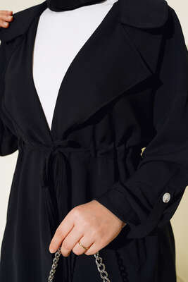 Bel Bağcıklı Kruvaze Yaka Kap Siyah - Dış Giyim&Mont