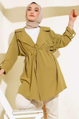 Bel Bağcıklı Kruvaze Yaka Kap Yağ Yeşili 