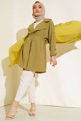 Bel Bağcıklı Kruvaze Yaka Kap Yağ Yeşili - Dış Giyim&Mont