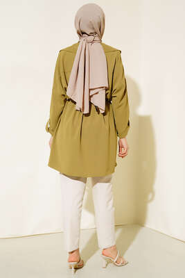 Bel Bağcıklı Kruvaze Yaka Kap Yağ Yeşili - Dış Giyim&Mont