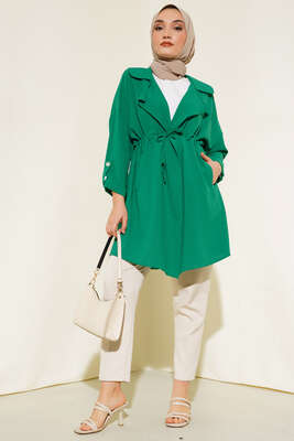 Bel Bağcıklı Kruvaze Yaka Kap Zümrüt Yeşili - Dış Giyim&Mont