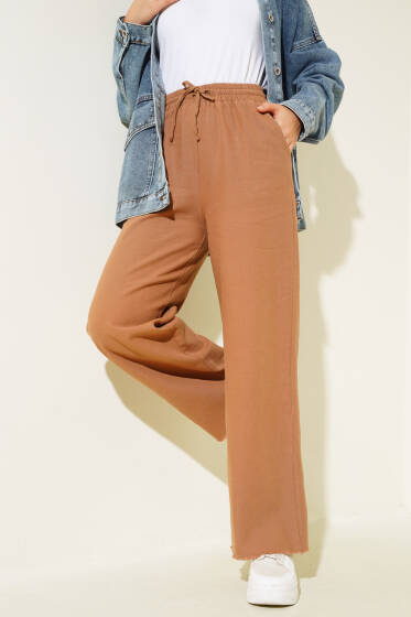 Bel Bağcıklı Paça Püsküllü Pantolon Vizon - Pantolon