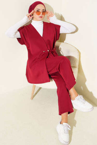 Bel Bağcıklı Scuba Yelekli İkili Takım Bordo - İkili Takım