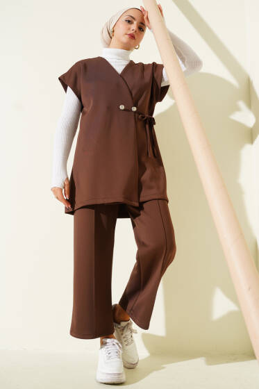 Bel Bağcıklı Scuba Yelekli İkili Takım Kahve - İkili Takım