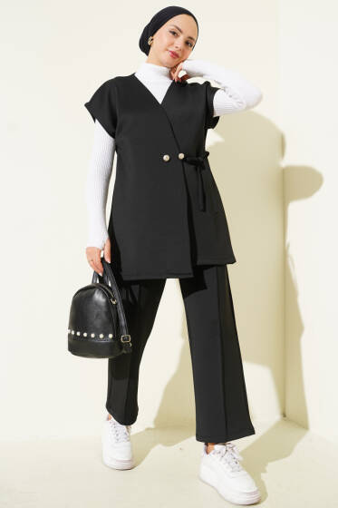 Bel Bağcıklı Scuba Yelekli İkili Takım Siyah - İkili Takım