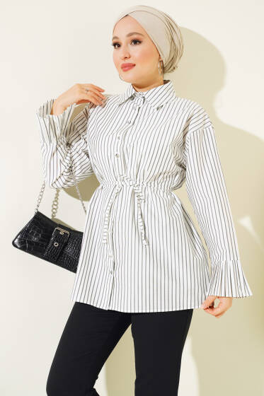 Bel Bağlama Çizgili Gömlek Beyaz - Gömlek