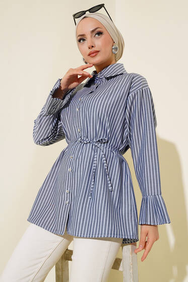 Bel Bağlama Çizgili Gömlek Lacivert - Gömlek