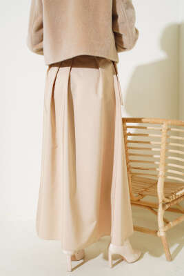 Bel Bağlamalı Çan Etek Bej - Uzun Etek