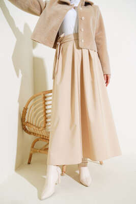 Bel Bağlamalı Çan Etek Bej - Uzun Etek