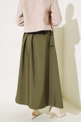 Bel Bağlamalı Çan Etek Haki - Uzun Etek