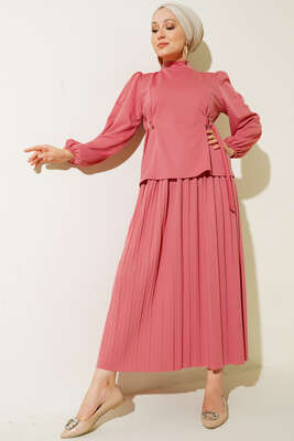 Bel Bağlamalı Eteği Pliseli İkili Takım Gül Kurusu 