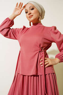 Bel Bağlamalı Eteği Pliseli İkili Takım Gül Kurusu - İKİLİ TAKIM