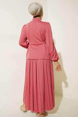 Bel Bağlamalı Eteği Pliseli İkili Takım Gül Kurusu - İKİLİ TAKIM