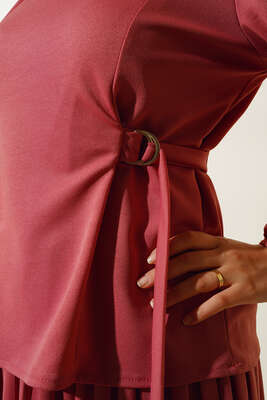 Bel Bağlamalı Eteği Pliseli İkili Takım Gül Kurusu - İKİLİ TAKIM