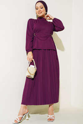 Bel Bağlamalı Eteği Pliseli İkili Takım Mor 