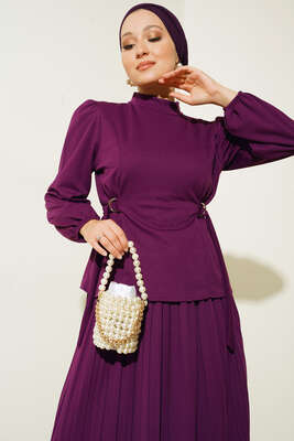 Bel Bağlamalı Eteği Pliseli İkili Takım Mor - İKİLİ TAKIM