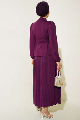 Bel Bağlamalı Eteği Pliseli İkili Takım Mor - İKİLİ TAKIM